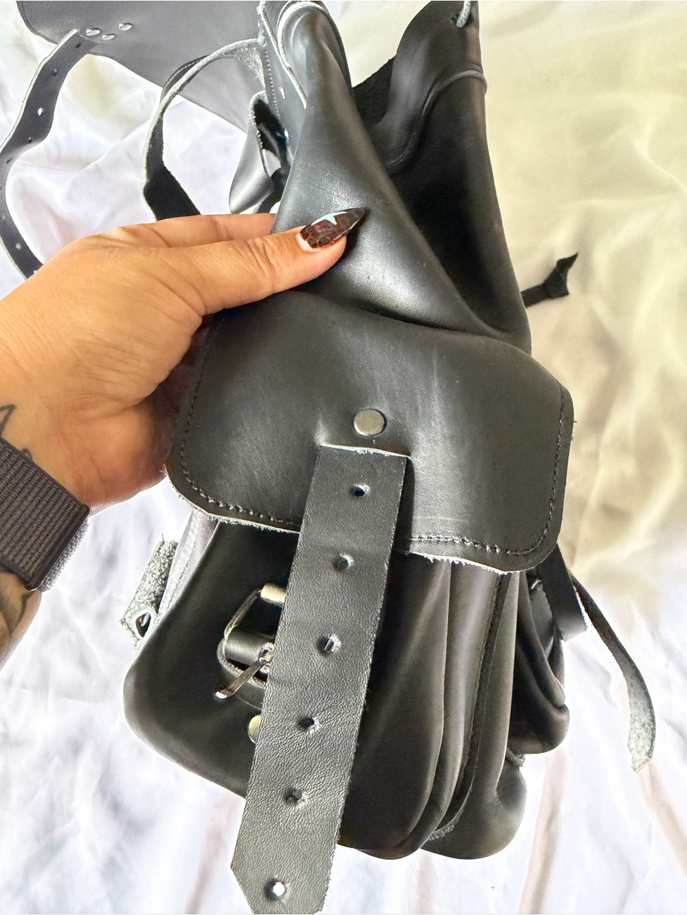 Black Leather Drawstring Backpack - Classic Utility Rucksack - Picture 6 of 9
